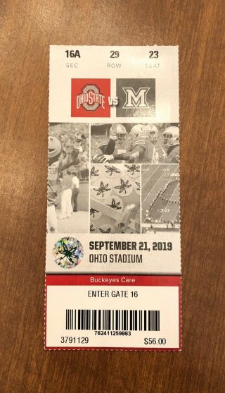 2019 Ohio State Vs.  Miami (oh) Football Ticket Stub