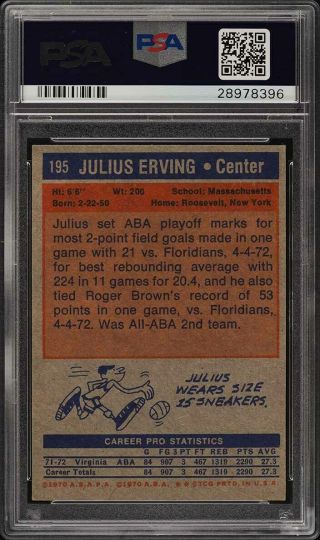 1972 Topps Basketball Julius Erving ROOKIE RC 195 PSA 6 EXMT (PWCC) 2