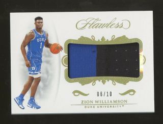 2019 Panini Flawless Gold Zion Williamson Rc Rookie Patch 6/10 Duke