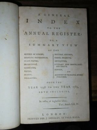 1783 General Index To The Annual Register From 1758 To 1780 Congress America