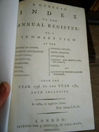 1783 GENERAL INDEX TO THE ANNUAL REGISTER FROM 1758 TO 1780 CONGRESS AMERICA 3