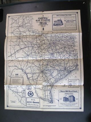 Scarce 1920s Highway Road Map Guide Texas Dallas Ft Worth Abilene Galveston