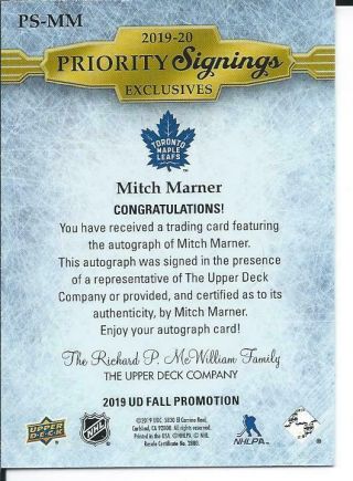 2019 - 20 UD Parkhurst Priority Signings MITCH MARNER Autograph 5/5 Fall Expo 2