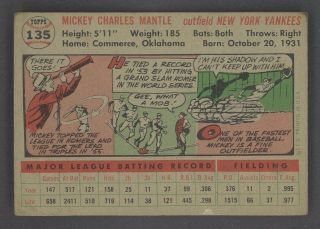 1956 Topps 135 Mickey Mantle York Yankees HOF GRAY BACK VG 2