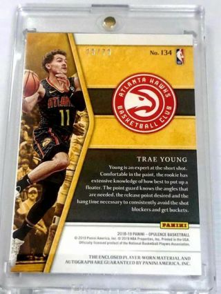 2018 - 19 Panini Opulence Trae Young 3CLR RPA 29/79 RC Patch Auto Hawks 2