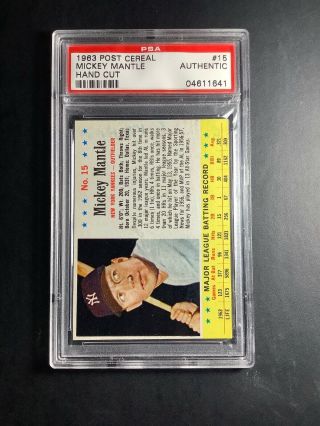 1963 Post Cereal Hand Cut 15 Mickey Mantle York Yankees Psa Authentic