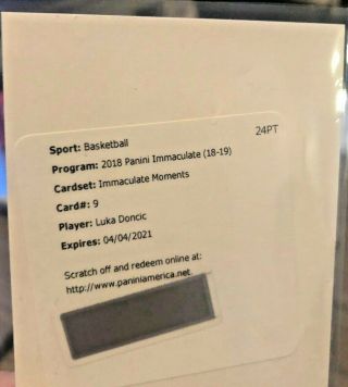 2018 - 19 Immaculate Luka Doncic Immaculate Moments Auto D/99 Redemption Card