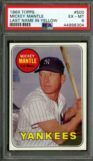 1969 Topps Baseball Card 500 Mickey Mantle Yellow Yankees Psa Ex - Mt 6,  Hi End