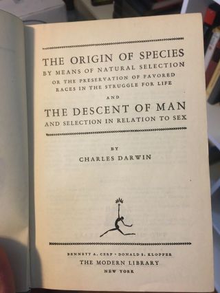 c1951 The Origin Of Species & Descent Of Man Charles Darwin Modern Library 2