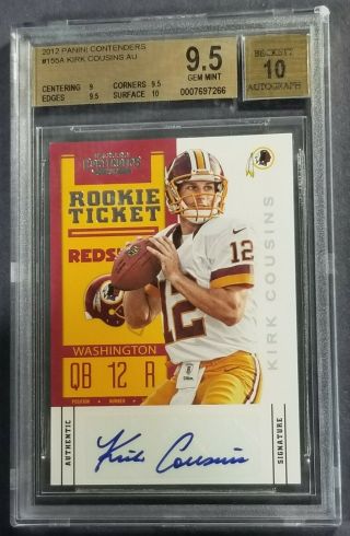 2012 Kirk Cousins Rookie Auto Contenders Rookie Ticket Rc Bgs 9.  5