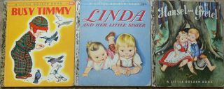 3 Vintage Little Golden Books Linda & Her Little Sister,  Busy Timmy,  Hansel