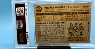 Mickey Mantle 1960 Topps 350.  PSA 3/Very Good Authentic Vintage Graded.  HOF 3