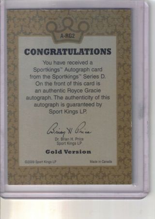 2009 Sport Kings Vault Royce Gracie Gold Auto Autograph 1/1 UFC Champ 2