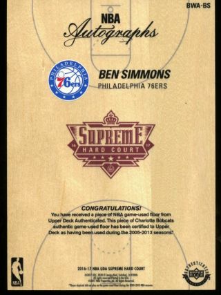 2016 Upper Deck Supreme Hard Court Ben Simmons Rc Rookie Floor Auto Autograph 2