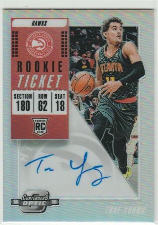 2018 - 19 Panini Contenders Optic Prizm Trae Young Rookie Ticket Hawks Auto Rc