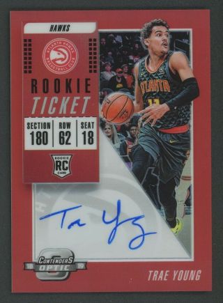 2018 - 19 Contenders Optic Rookie Ticket Red Trae Young Hawks Rc Auto /99