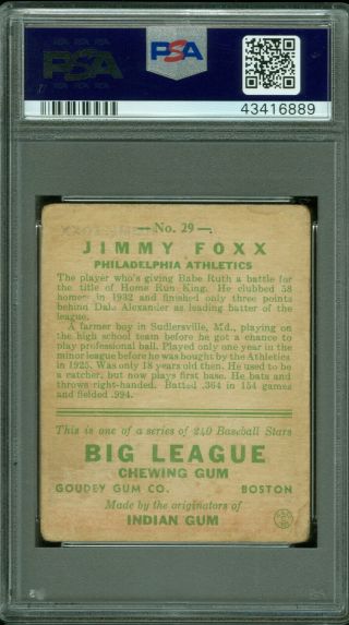 1933 GOUDEY BASEBALL 29 JIMMY FOXX PSA 1.  5,  HOF 2