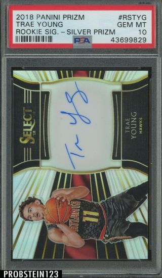 2018 - 19 Panini Select Silver Trae Young Hawks Rc Rookie Auto 197/199 Psa 10