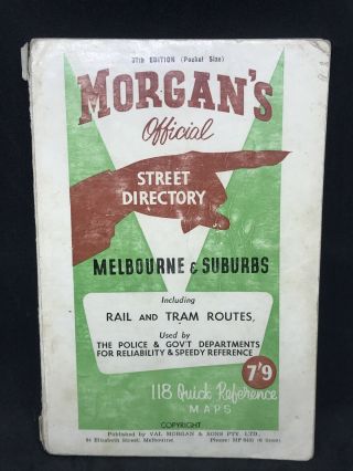 Vintage Book Morgan’s Offical Street Directory Melbourne & Suburbs 37th Ed 1960s