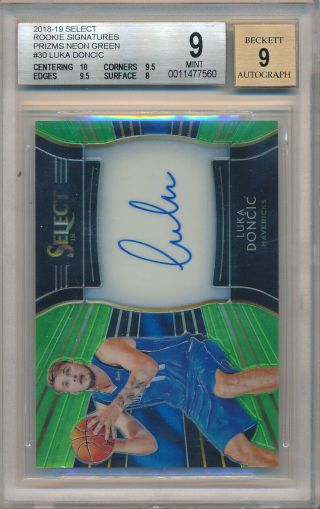 2018 - 19 Select Rookie Signatures Prizms Neon Green Luka Doncic Auto /99 Bgs 9