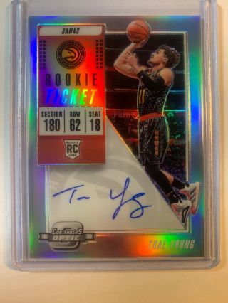 2018 - 19 Trae Young Contenders Optic Prizm Auto Silver Holo Rookie Ticket On Card
