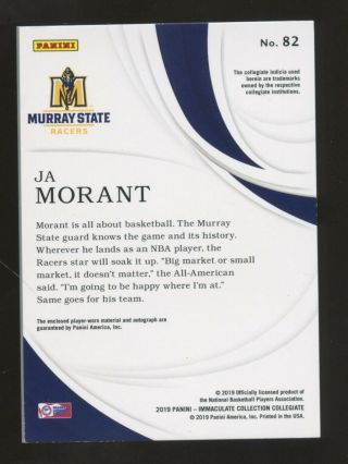 2019 - 20 Immaculate Collegiate Ja Morant Murray State RPA RC Patch AUTO 33/99 2