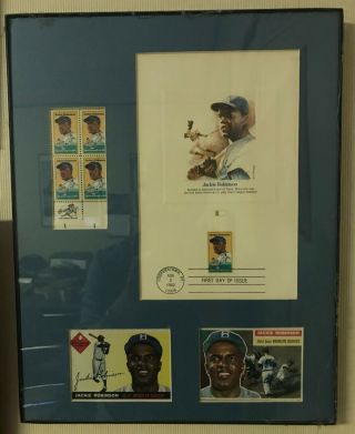 Topps 1955 50 & 1956 30 Jackie Robinson Cards Plus 1982 1st Day Stamp Placard