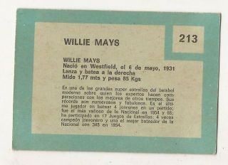 1967 VENEZUELA TOPPS 213 WILLIE MAYS SAN FRANCISCO GIANTS VENEZUELAN CARD 2