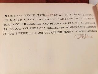 THE DECAMERON of GIOVANNI BOCCACCIO LIMITED EDITIONS CLUB 1930 Signed w/ letter 3