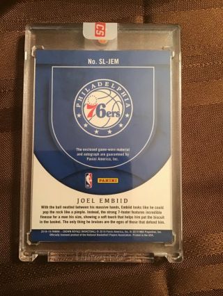 2018 19 Joel Embiid Panini Crown Royale Silhouettes Patch Auto Prime 6 / 10 2