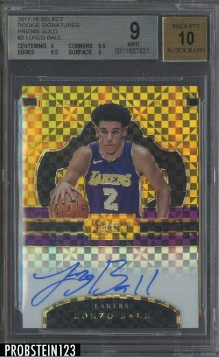 2017 - 18 Select Gold Prizm 2 Lonzo Ball Lakers Rc Rookie Auto 5/10 Bgs 9