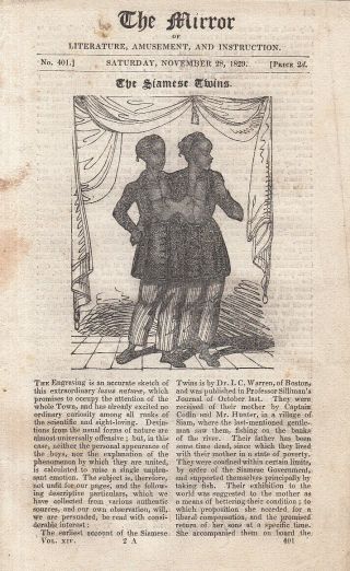 The Siamese Twins.  A Complete Rare Weekly Issue Of The Mirror Of Literat.  314899