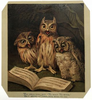 N/a / 1880s Handsome Chromolithograph Christmas Card Featuring Owls