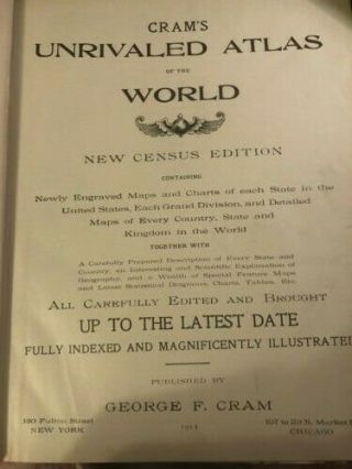 1914 Cram ' s Unrivaled Atlas Of The World Indexed Census Edition 2