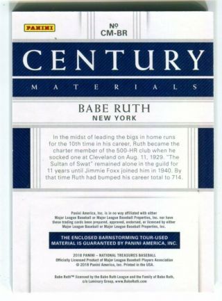 Babe Ruth 2018 National Treasures Century Materials Bat 10/10 1/1 Yankees 2