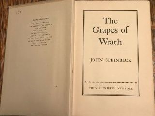 1939 BOOK - THE GRAPES OF WRATH BY JOHN STEINBECK - THE VIKING PRESS - HARDBACK 3
