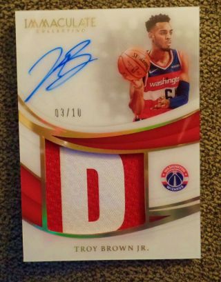 2018 - 19 Immaculate Premium Patch Gold Troy Brown Jr.  Rookie Auto /10 Wizards