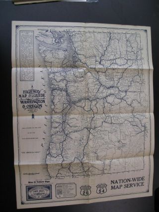 Scarce 1920s Highway Road Map Guide Washington Oregon Seattle Tacoma Yakima