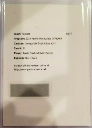 2019 Panini Immaculate Collegiate Baker Mayfield - Kyler Murray Dual Auto /25