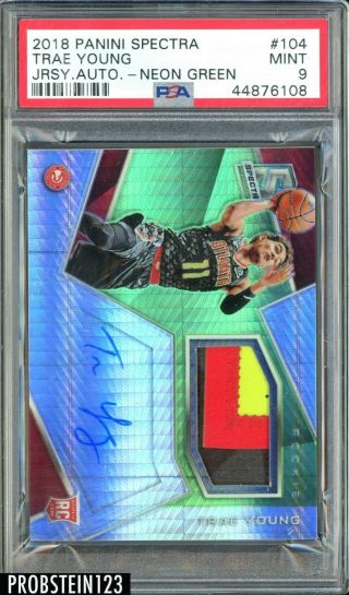 2018 - 19 Panini Spectra Neon Green Trae Young RC Patch AUTO /49 PSA 9 POP 1 2