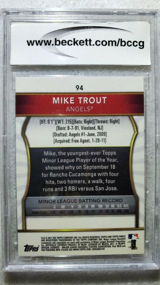 MIKE TROUT 2011 Topps Finest Rookie Card RC BGS BCCG 10 Angels AS MVP  2