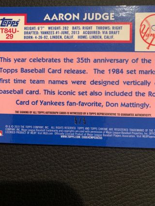Aaron Judge Yankees 2019 Topps AUTO RED 35th Anniversary Card T84U - 29 RARE 5/5 2