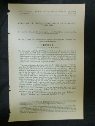 Government Report 5/29/1888 Purchase Of Real Estate Jeffersonville Indiana
