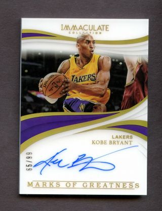 2018 - 19 Immaculate Marks Of Greatness Kobe Bryant Lakers On Card Auto 65/99