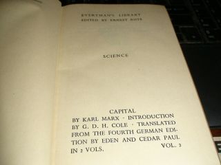 KARL MARX CAPITAL VOL.  1,  VOL.  2 EVERYMANS LIBRARY 1946 3