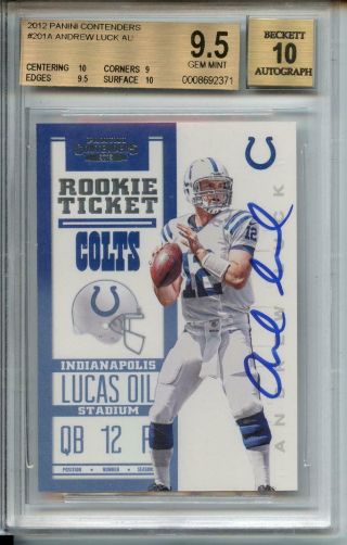 Andrew Luck Rookie Auto 2012 Panini Contenders Bgs 9.  5 Gem W/ 2x 10