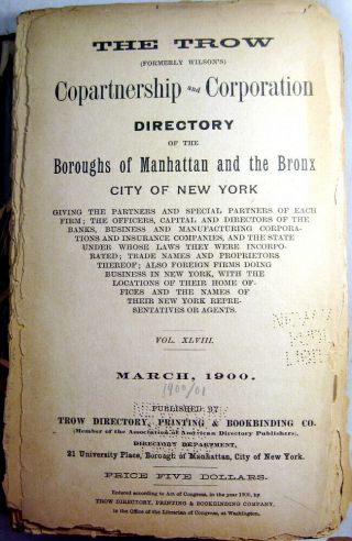 1900 York City Directory Including Boroughs Of Manhattan & The Bronx