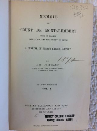 MEMOIR OF COUNT DE MONTALEMBERT By Mrs.  Oliphant - 1872 - 1st ed - 2 vols. 3