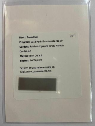 2018 - 19 Panini Immaculate Patch Auto Redemption Jersey Number Kevin Durant /35