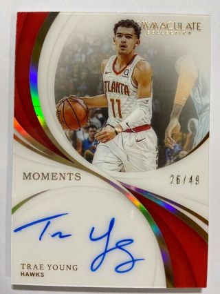 . 2018 - 19 Panini Immaculate Moments Autograph Auto Card : Trae Young 26/49 Read